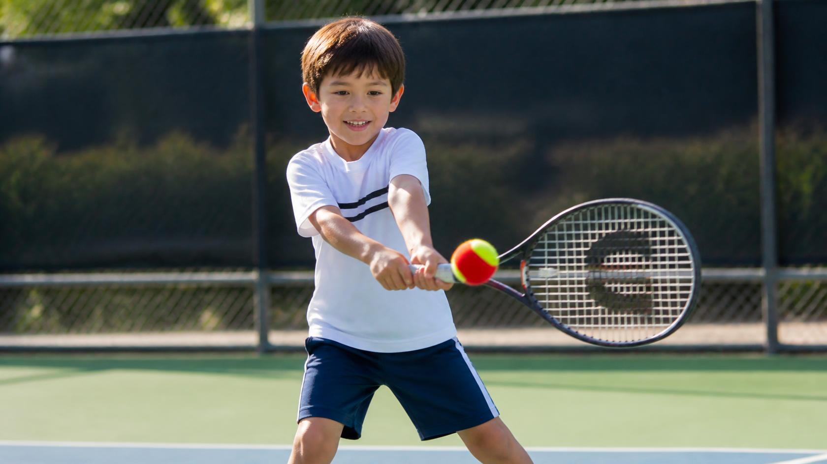 happy 7-year-old child hitting a two-tone red and yellow tennis ball on a sunny court