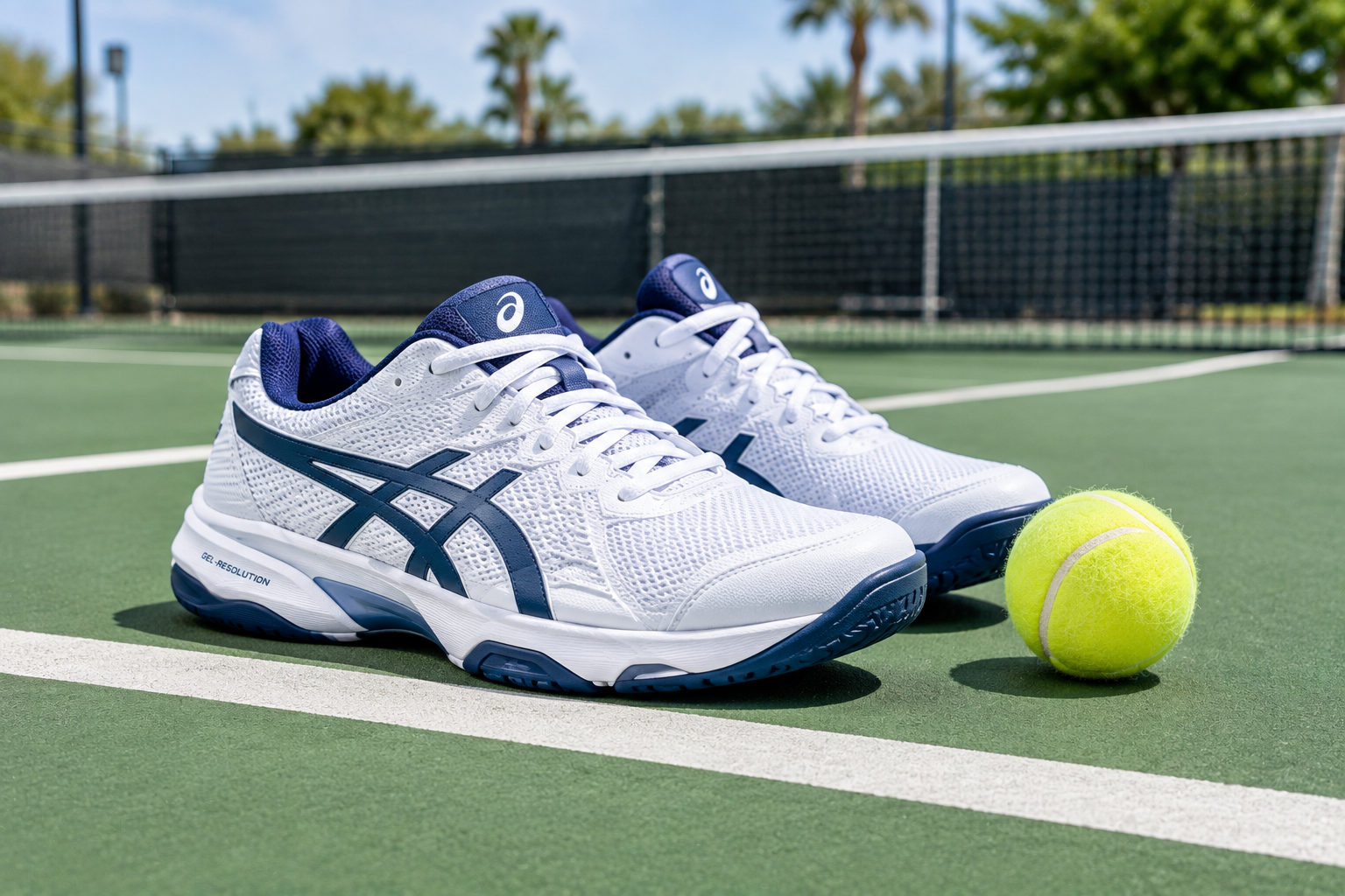 Proper tennis shoes on a court baseline in Gilbert AZ
