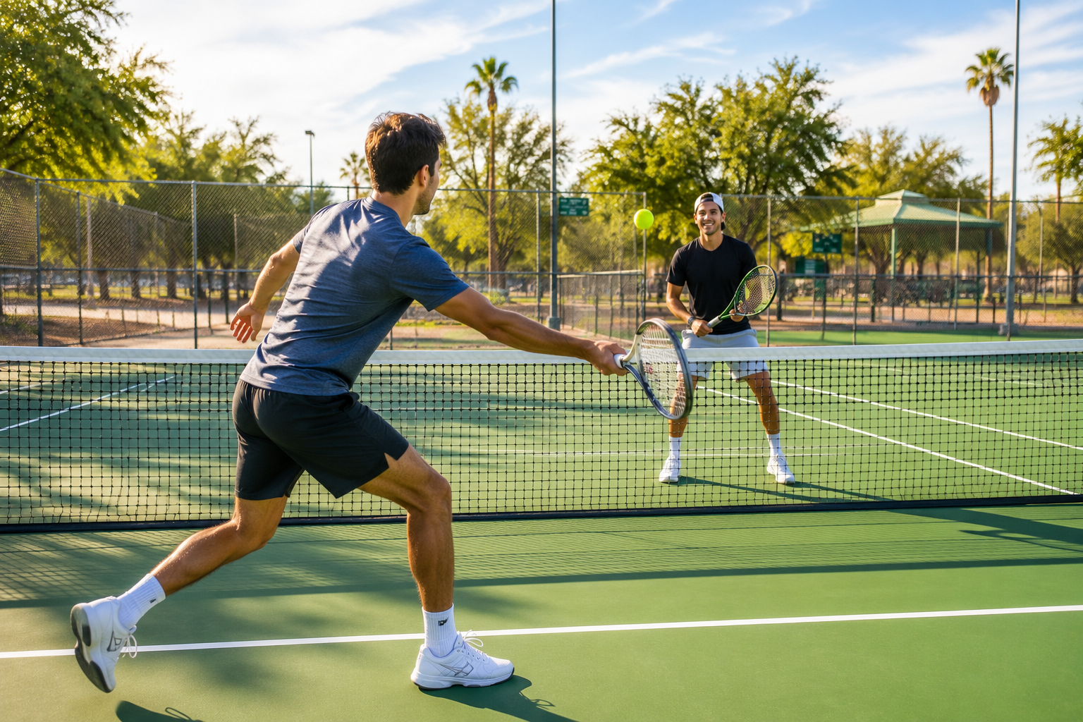 Recreational tennis players hitting at a public park in Phoenix AZ